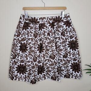 Talbots | Linen Blend Brown & Ivory Floral Pleated Skirt with Pockets Size 10